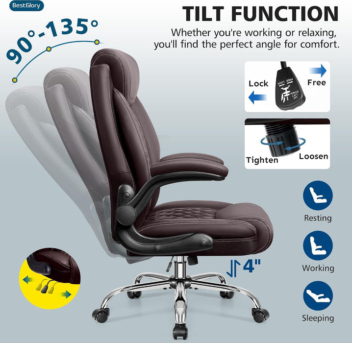 Office Chair, Ergonomic High Back Home Office Desk Chair, Big and Tall Breathable Leather Office Chair with Lumbar Support Flip-Up Armrests, Computer Gaming Chair with Rocking Function