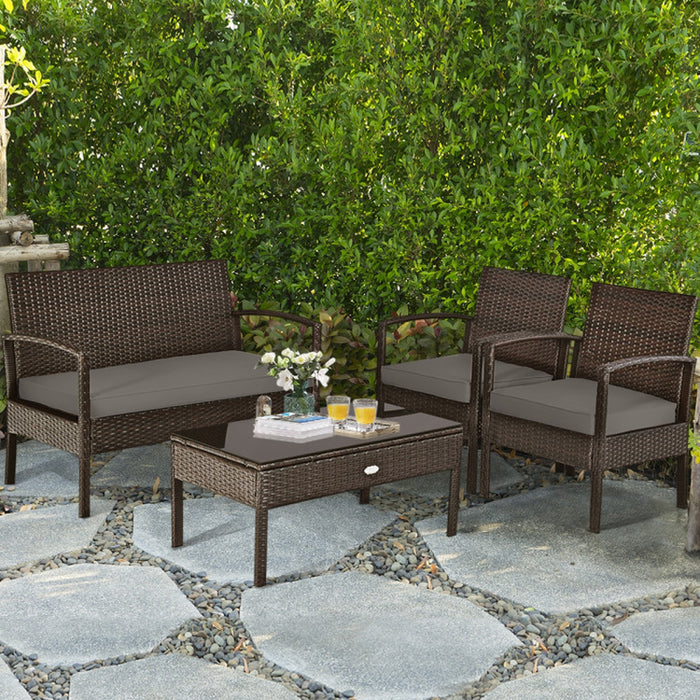 4 Pieces Patio Rattan Cushioned Furniture Set with Loveseat and Table