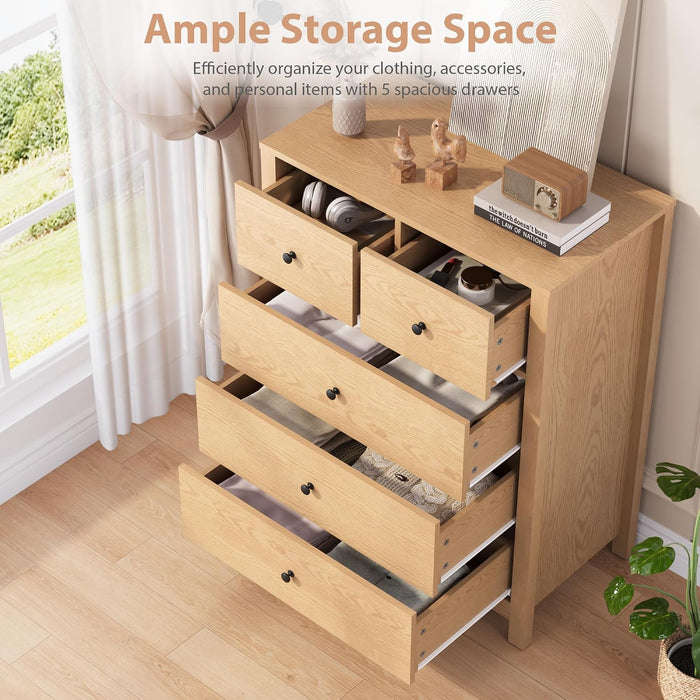 Natural 5 Drawer Dresser, Tall Modern Dresser for Closet, Bedroom