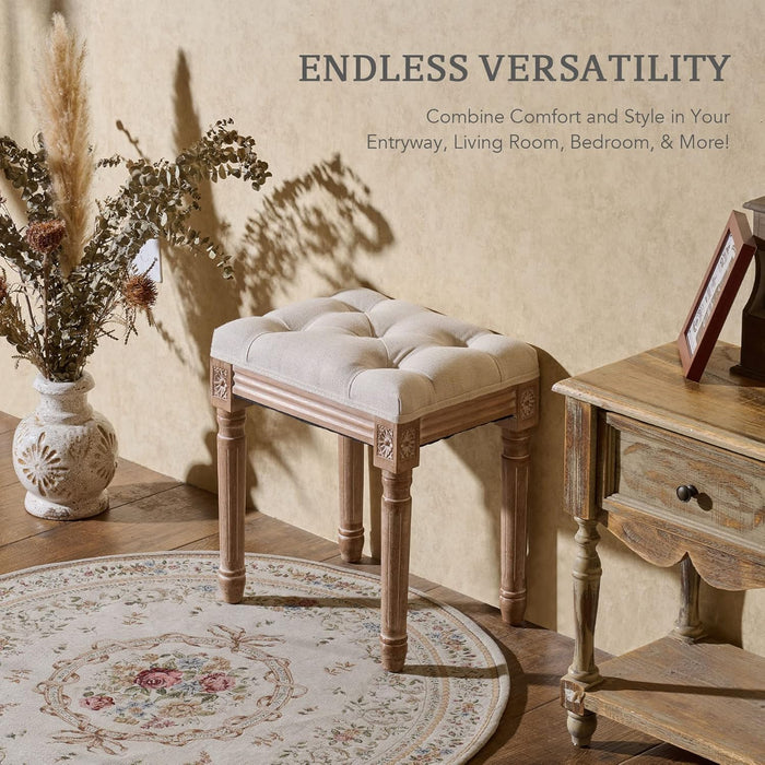 Ottoman Stool, 18.5 in High, Beige, with Padded Seat, Wood Frame, Button Tufted, for Dining, Living Room, Bedroom, Piano, Dressing, Vanity, Foot Rest