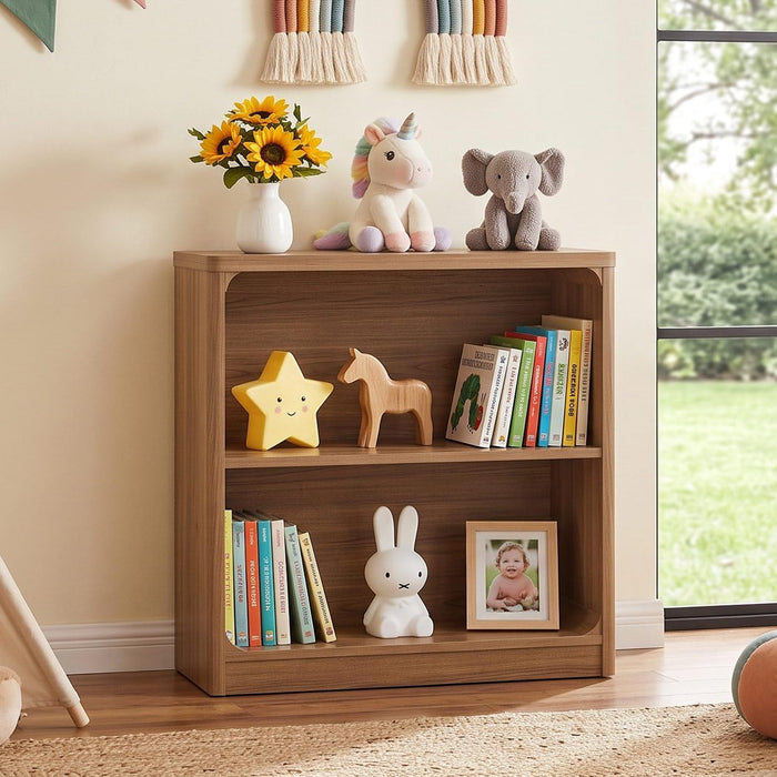 Wooden Bookshelf, 2-Tier Compact Open Bookcase with Rounded Corners, Small Floor Standing Display Book Shelf for Living Room, Bedroom, Home Office, Kids' Room (Walnut)
