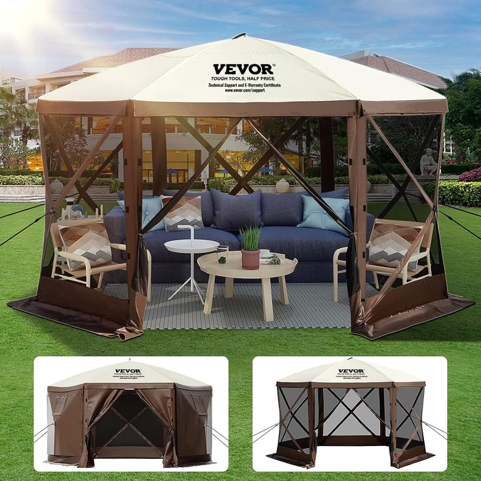 Pop up Gazebo Screen Tent 12 X 12 Ft, 6-Sided Camping Gazebo Instant Canopy Sun Shelter with 6 Removable Privacy Wind Cloths, Mosquito Netting, 300D Oxford Cloth for Patio, Backyard, Lawn