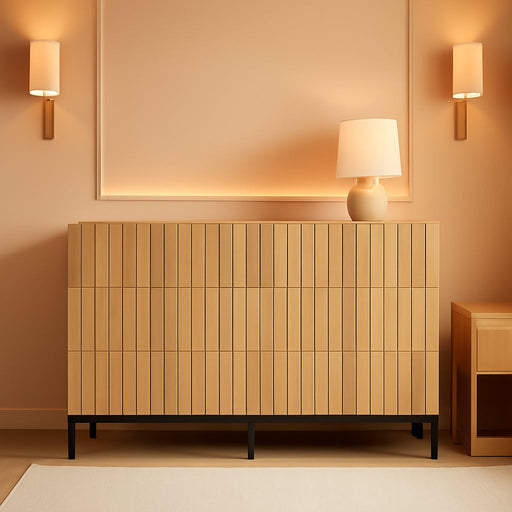 Natural Wood Dresser for Bedroom,Mid Century Modern Dresser,Fluted 6 Drawer Dresser with Metal Stand,Accent Chest of Drawers for Bedroom,Living Room,Hallway