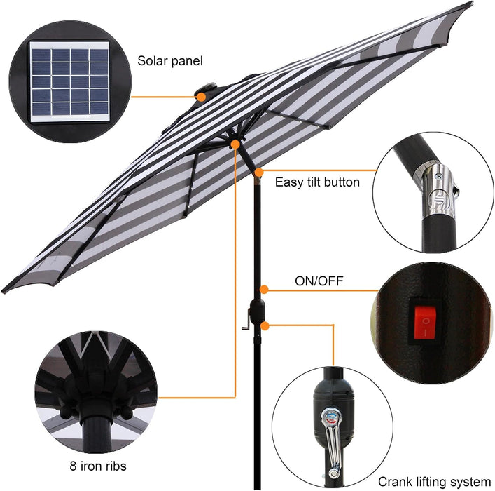 9 Ft Solar Umbrella 32 LED Lighted Patio Umbrella Table Market Umbrella with Tilt and Crank Outdoor Umbrella for Garden, Deck, Backyard, Pool and Beach (Black and White)
