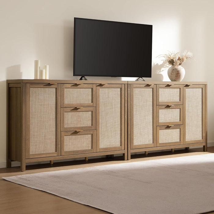 Rattan Large Sideboard Buffet Cabinet with Storage - Farmhouse Boho Coffee Bar Storage Cabinet with 3 Drawers and 2 Doors, Tall Credenza for Living Room, Kitchen, Caramel Oak (2 Pieces)