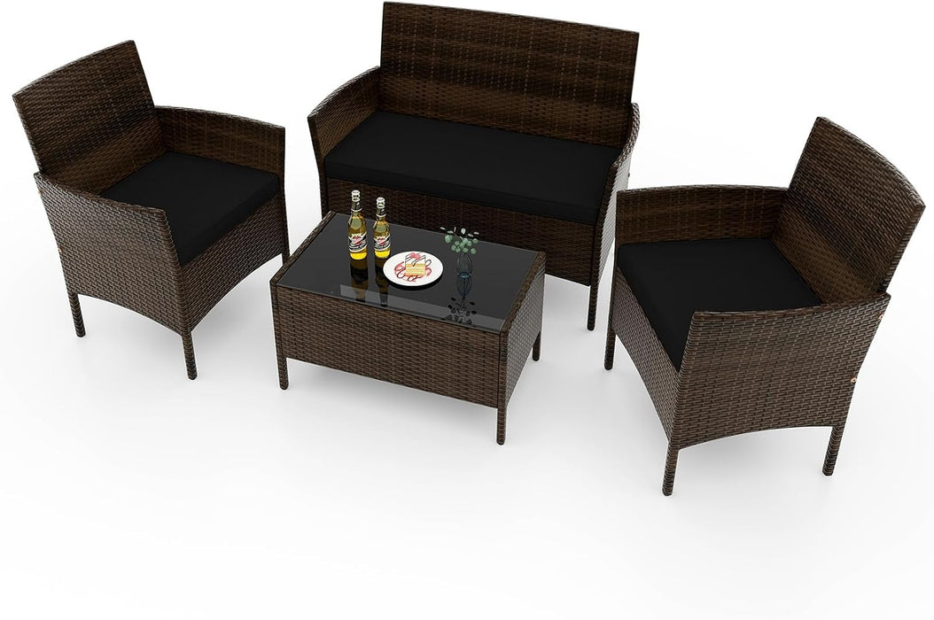 4-Piece Patio Furniture Set - Rattan Outdoor Conversation Bistro Set W/Cushions, Glass Coffee Table, Wicker Chairs & Loveseat for Garden Backyard Porch, Balcony Furniture Set (1, Black)