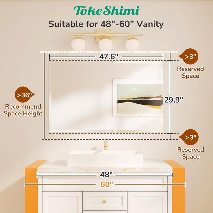 48X30 Frameless Bathroom Mirror Rectangle, Tempered Beveled Mirror for Bathroom Vanity with 1" Beveled Edge, Shatterproof Modern Wall Mirrored for Living Room, Entryway, Restroom