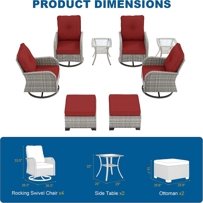 8-Piece Small Patio Furniture Set, Outdoor Swivel Rocking Chairs Set with Ottomans, Patio Bistro Set for Balcony, Deck, Porch, Red