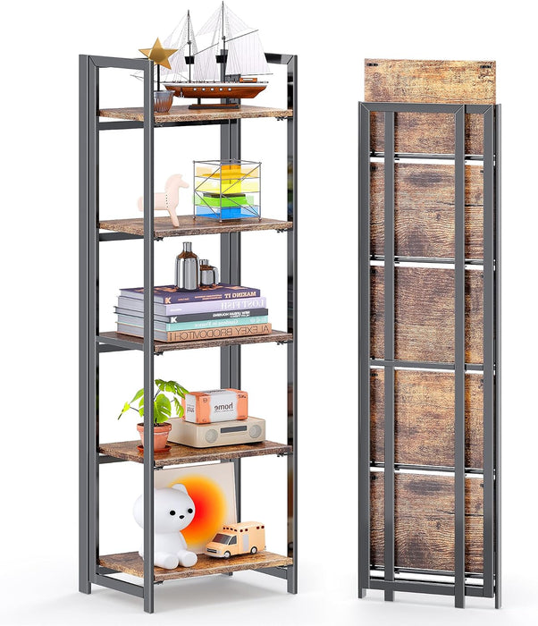 No Assembly Small 5 Tier Folding Bookshelf Compact Storage Shelves Vintage Bookcase Standing Racks for Bedroom Living Room Home Office
