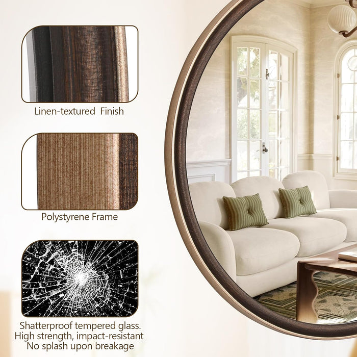 round Mirror 36 Inch, Linen-Texture Circle Wall Mirror for Bathroom, Bedroom, Entryway, Living Room，Gold
