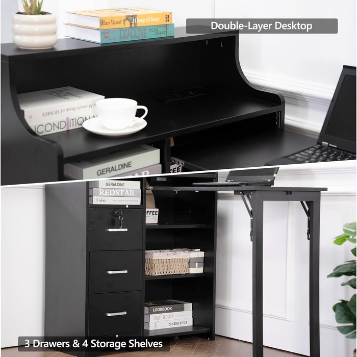 Fold Out Desk,Folding Desk with Storage,Lockable Drawers & Shelves, Built-In Power Outlet,Hidden Desk for Study and Home Office