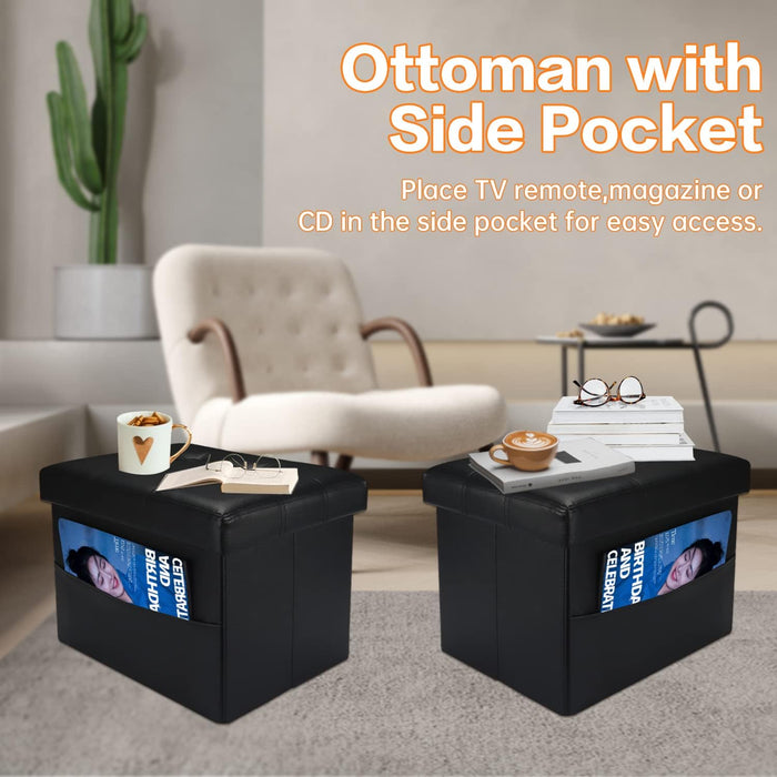 ® Folding Storage Ottoman Square Cube Foot Rest Footstool with Side Pocket,Leather Ottoman Seat for Living Room or Bedroom,Padded with Thick Sponge (Black 2PC, 16 * 12 * 12 Inches)