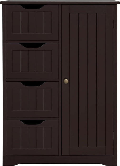 Wooden Bathroom Floor Cabinet, Side Storage Organizer Cabinet with 4 Drawers and 1 Cupboard, Freestanding Entryway Storage Unit Console Table, Home Decor Furniture, Brown