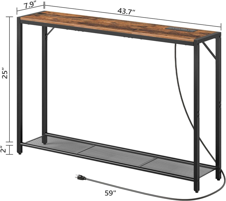 Sofa Table with Power Outlet, 43.7" Console Table with USB Ports, behind Couch Table, Entryway Table for Living Room, Hallway, Foyer, Metal Frame, Adjustable Feet, Rustic Brown CTHR11E01Z1N1