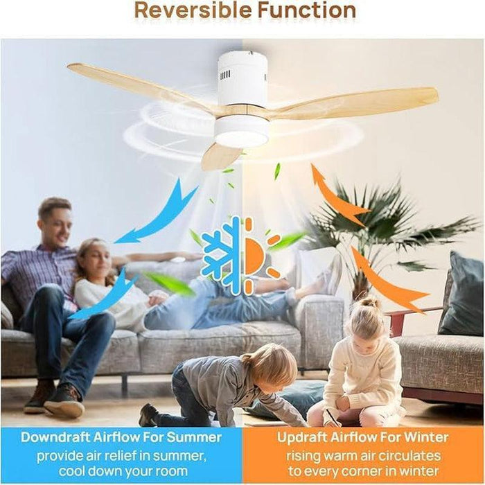 52 Inch Wood Low Profile Ceiling Fans with Lights and Remote, Modern Flush Mount Quiet Ceiling Fan for Bedroom, Reversible DC Motor for Living Room/Farmhouse/Patio/Indoor/Outdoor(White+Wood)
