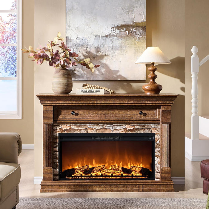 52" Farmhouse Electric Fireplace TV Stand with Mantel & Cabinet, 36" Freestanding Electric Fireplace Heater with Remote Control, Adjustable 3D Flame Effect, Brown
