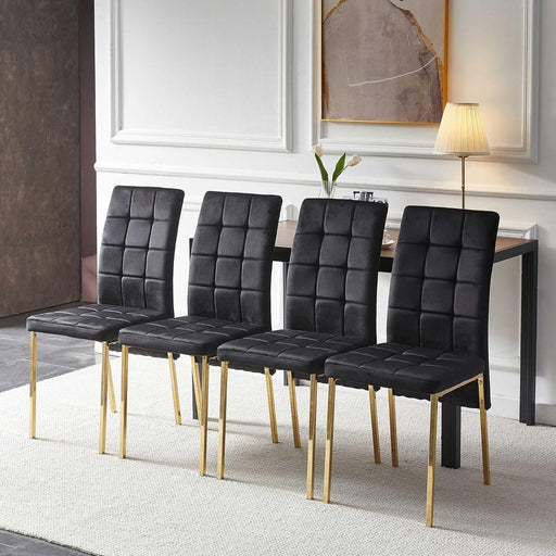 Velvet Dining Chairs Set of 4, Modern Upholstered Fabric Kitchen Chairs, Dining Room Chairs with Golden Metal Legs for Kitchen & Living Room, Black