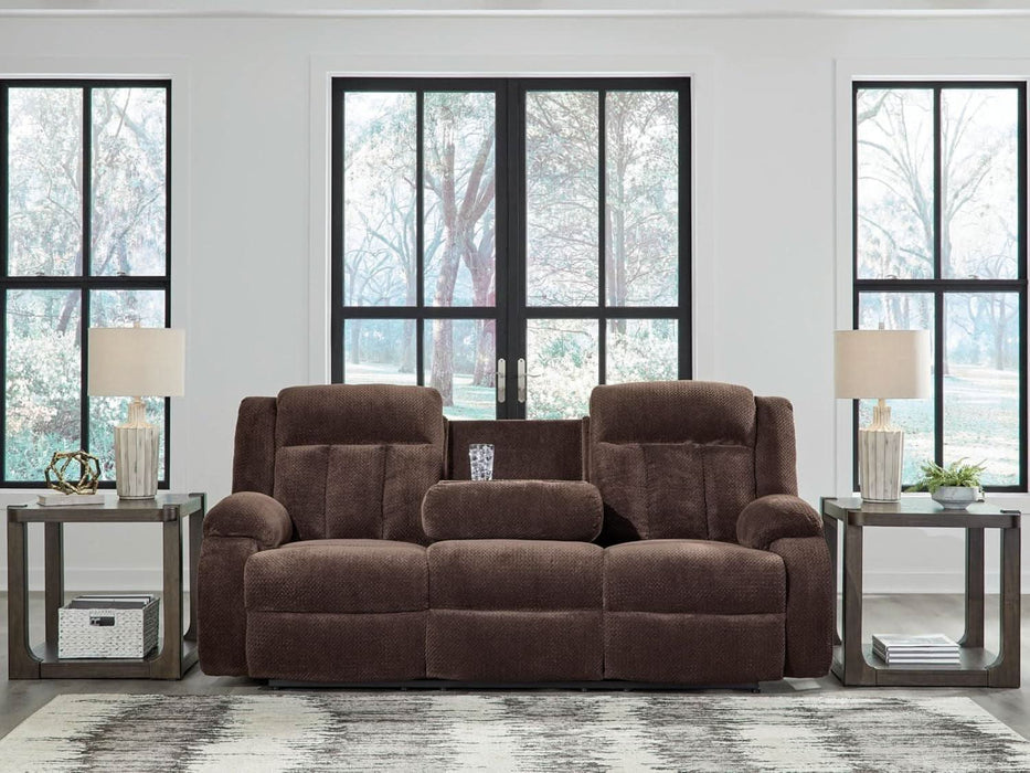 Free Wake Contemporary Dual Sided Power Reclining Sofa with Drop down Table and USB Ports, Dark Brown