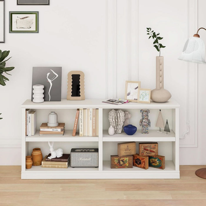 White Bookshelf Double Wide 64“ 2-Tier Bookcase 4 Cube Storage Organizer Wooden Bookcases for Bedroom and Home Office Decor Display