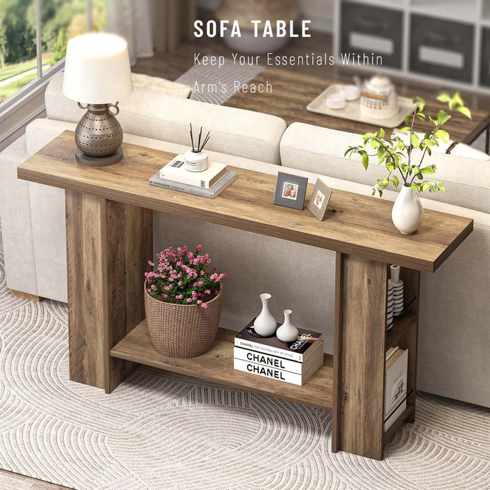 53 Inch Long Entryway Table, 2-Tier Wood Console Table with Storage Side Shelves, Farmhouse Sofa Table for Living Room, Narrow Hallway Foyer Table behind Couch for Home Decor, Rustic Oak