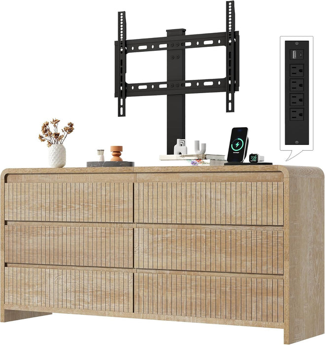 6 Drawers TV Stand with Mount for 26''-75'' Tvs, 53 Inch Entertainment Center W/Power Outlet, Curved Profile Design, Height Adjustable, Media Console with Drawer for Living Room, Natural Oak