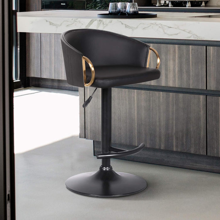 Solstice Adjustable Black Faux Leather Swivel Barstool with Black Powder Coated Finish and Gold Accents
