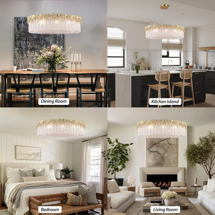 D23.6 round Crystal Chandelier, Modern Gold Crystal Chandeliers for Dining Room, 10-Light Height Adjustable Chandelier for Living Room Bedroom Entryway Kitchen Island