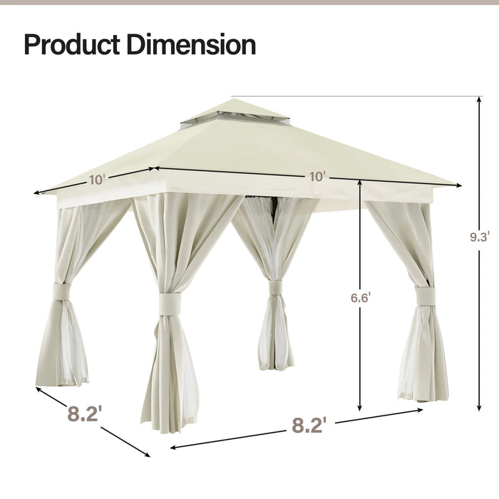 10'X10' Patio Gazebo, Double Roof Outdoor Shelter Tent with Mosquito Nettings and Privacy Screens, Cream White