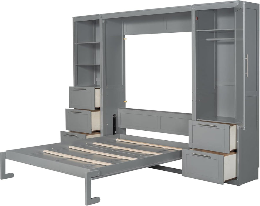 Queen Size Murphy Bed with 1 Closet,3 Drawers and 3 Open Shelves,Wood Folding Murphy Wall Bed (Grey)