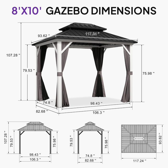 8' X 10' Hardtop Gazebo Metal Double Roof White Aluminum Frame Outdoor Heavy Duty Gazebo with Curtain and Netting for Patio Garden and Backyard, Grey