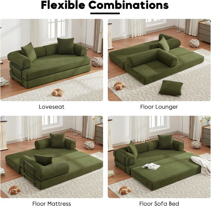 Convertible Sleeper Sofa Bed with Cylindrical Pillow, Corduroy Folding Mattress Couch with Fixed-Shape Frame, Floor Sofa Lounge Couch for Living Room Bedroom Lounge Studio-Green