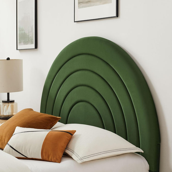 Solana Full Size Performance Velvet Platform Bed in Moss Green – Upholstered Double Bed Frame with Soft Arch Shaped Padded Headboard – Plinth Base Platform Bed Frame
