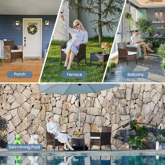 Patio Furniture Set 3 Pieces, Outdoor Wicker Furniture with Coffee Table, Modern Rattan Patio Chairs Conversation Sets with Sofa for Garden, Terrace, Porch, Balconies, Lawns(Brown and Beige)