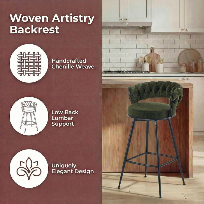 Bar Stools Set of 2 Upholstered Kitchen Counter Height Barstool Green | Chenille Fabric Foam Cushion with Woven Back, 28.8" High Comfy Modern & Farmhouse Swivel Breakfast Bar Islands Chairs, 300Lb
