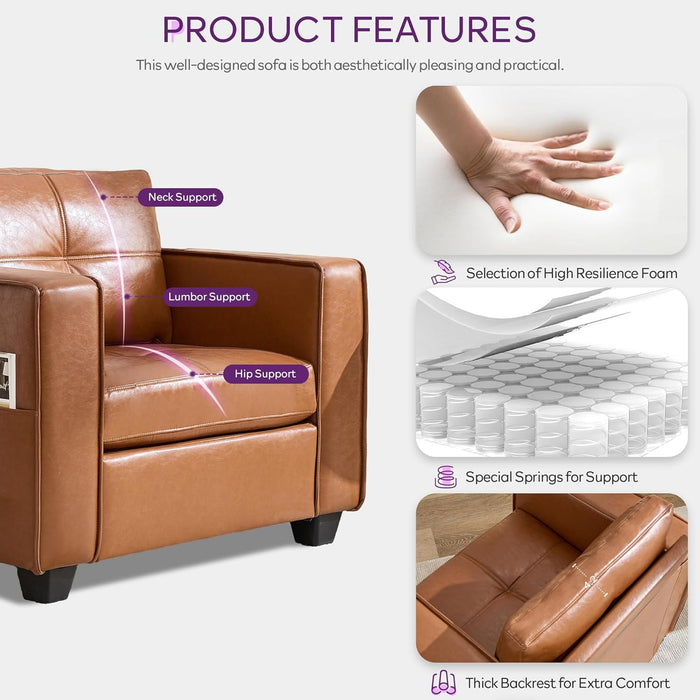 Brown Faux Leather Accent Chair, Comfy Living Room Chair Reading Oversized Accent Chairs Tufted Mid Century Modern Arm Chair, 38.58" Wide Armchair for Office Bedroom Lobby