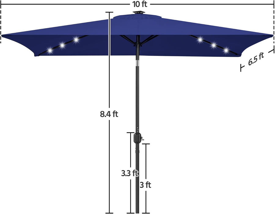 6.5X10Ft Rectangular Patio Umbrella Solar Powered Outdoor Table Market Umbrella with LED Lights & Push Button Tilt & Easy Crank for Garden/Lawn/Beach/Pool/Deck Navy Blue