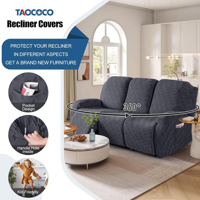 Recliner Sofa Covers Stretch Reclining Couch Cover, Jacquard Recliner Couch Cover for 3 Seat Furniture Protector Sofa Slipcovers with Elastic Bottom for Kids, Pets (Dark Grey)