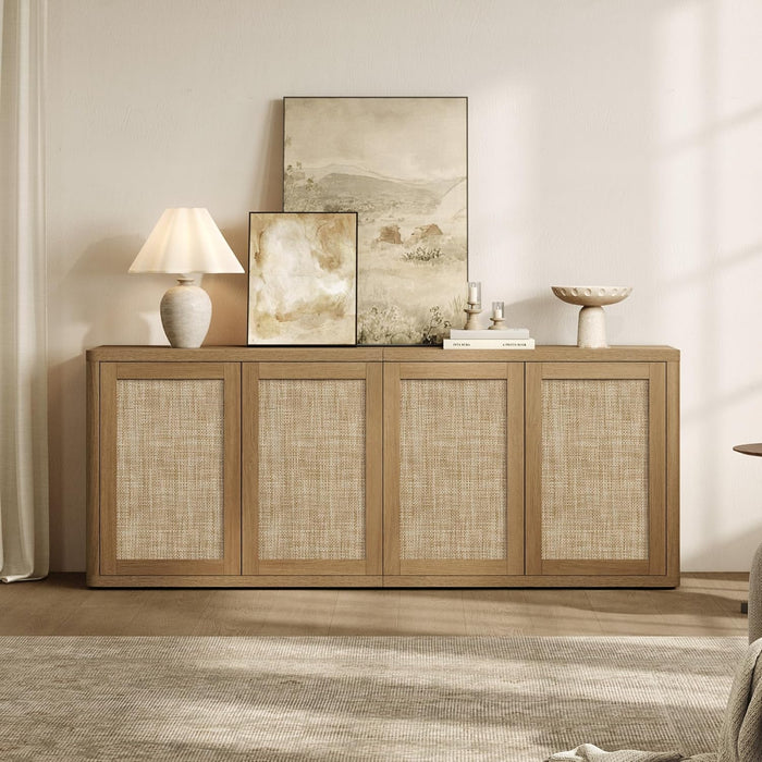 Rattan TV Stand for 65 70 Inch TV - Large Entertainment Center TV Consoles for Living Room Bedroom, Farmhouse Television Stands with Storage Cabinet Boho Modular Media Console, Amber Oak