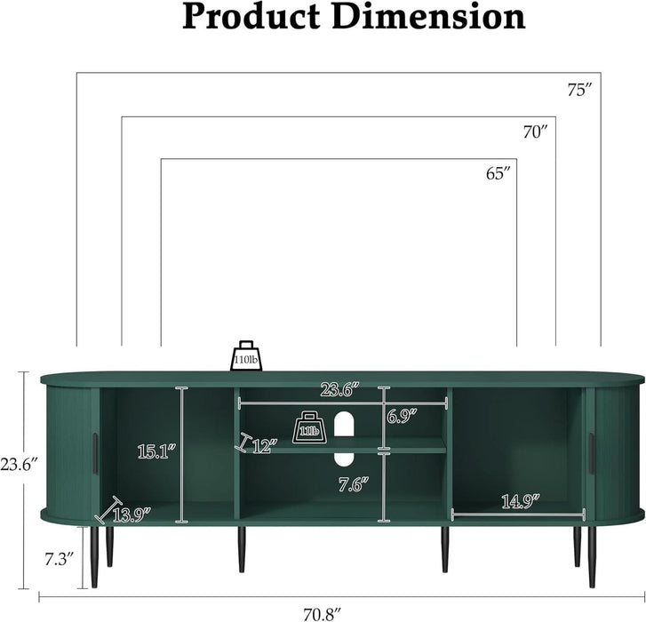 70" Modern TV Stand with Tambour Door for Tvs up to 80", Entertainment Center with Storage, Fluted Television Consoles for Home, Living Room, Green