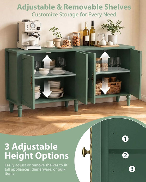 63" Sideboard Buffet Cabinet, Mid Century Modern Credenza Storage Cabinet with Carved Handle & Adjustable Shelves, Buffet Table Kitchen Coffee Bar for Living Room Dining Room - Green