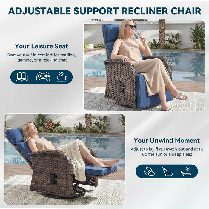 Zero Gravity Patio Swivel Recliner Chairs Set of 2 - Wicker Outdoor Lounge Chair with Adjustable Backrest & Footrest, All Weather Reclining Rocker Chairs with Thick Cushion for Pool Deck Blue