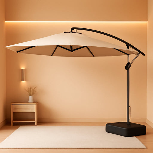 10FT Patio Umbrella with Base, Cantilever Offset Outdoor Umbrella with 360° Rotation, Infinite Tilt, Yarn-Dyed Canopy for Patio, Poolside, Deck, Backyard, Wheat(No LED LIGHTS)