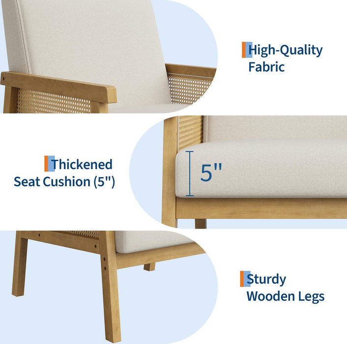 Beige Rattan Accent Chair With Upholstered Backrest