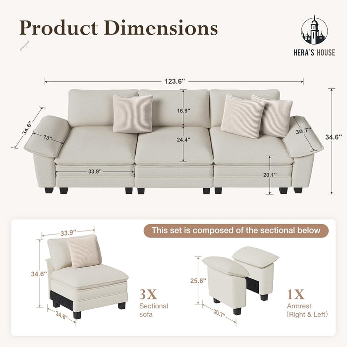 124-Inch Sectional Sofa, Comfy Cloud Couch with 3 Throw Pillows, 3-Seater Modular Sectional Sofa Couches for Living Room, Chenille Beige