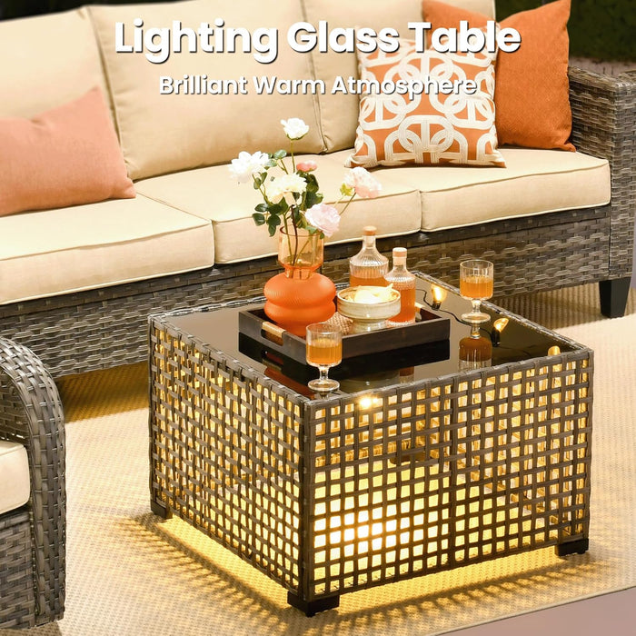 8 Pieces Patio Furniture Set, Outdoor Wicker Sofa Couch with Rocking Swivel Chairs Solar Lights Table, Modern Deep Seat Rattan Conversation Sets for Porch Deck, Beige