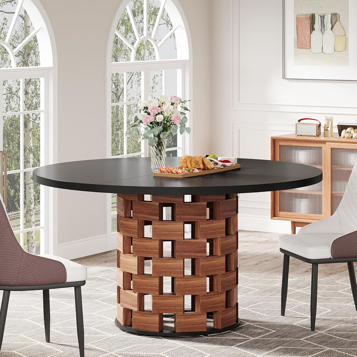 round Dining Table for 4-6 People, 47" Farmhouse Kitchen Table, Dining Room Table with Wood Rectangular Block Base, Circle Dinner Tables for Kitchen, Living Room, Black and Brown