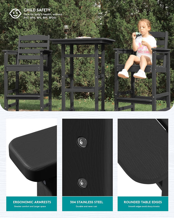Balcony Adirondack Chairs and Table 3 Pieces Set, Adirondack Bar Height Chairs Set of 2 and Bar Table, Outdoor Bar Stools Set for Bistro, Poolside, Backyard, Black