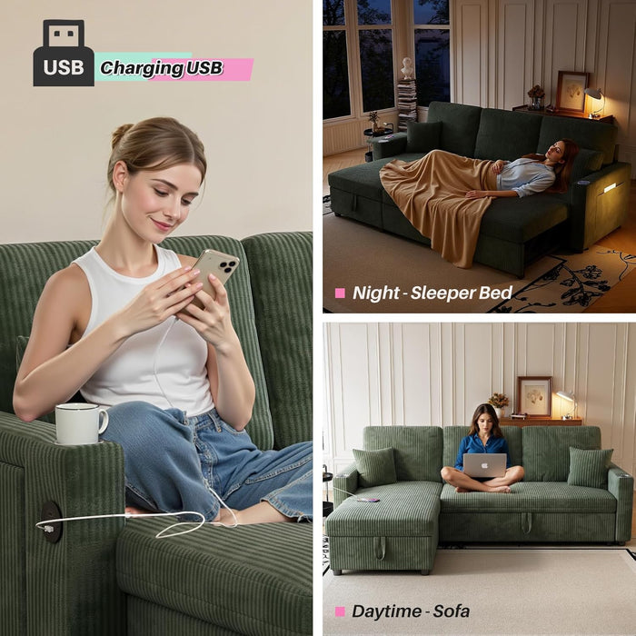 Luxurious Corduroy Green 83-Inch Sleeper Sectional Sofa