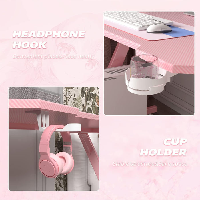 Gaming Computer Desk with Carbon Fiber Surface, Gaming Table Z Shaped Pc Home Office with Cup Holder&Headphone Hook(44 In, Pink)