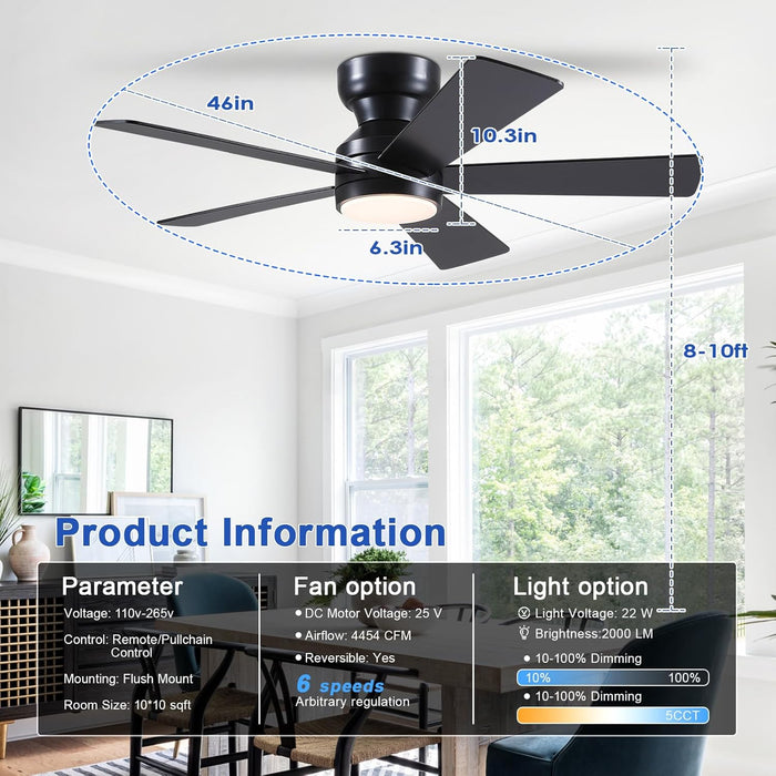 46 Inches Black Ceiling Fan With IntegratedLEDLighting